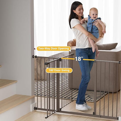 InnoTruth 29.5–49.75" Extra Wide Baby Gate for Stairs, 28" Tall Walk Through Dog Gate for Stairs & Doorways, Pressure-Mounted Safety Gate for Pets & Kids, Dual Lock & 2-Way Swing, Brown