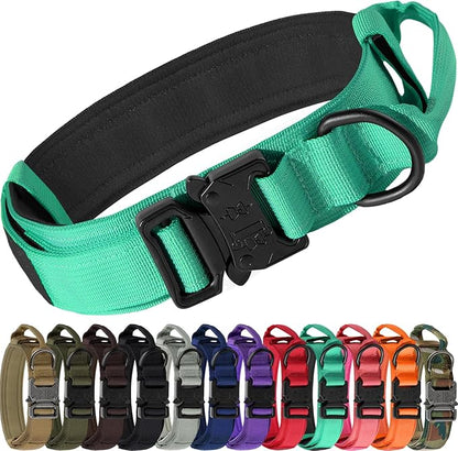 Joytale Tactical Dog Collar with Handle and Metal Buckle, Heavy Duty Padded Military Collar with 2 Patches for Training, Adjustable for Medium Dogs, Teal, M