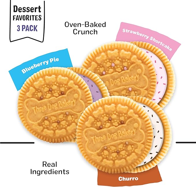 Three Dog Bakery Lick’n Crunch! Dessert Favorites Dog Treats Variety Pack, Crunchy Sandwich Dog Cookies with Churro, Blueberry Pie & Strawberry Shortcake Cream Fillings, 13 oz