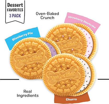Three Dog Bakery Lick’n Crunch! Dessert Favorites Dog Treats Variety Pack, Crunchy Sandwich Dog Cookies with Churro, Blueberry Pie & Strawberry Shortcake Cream Fillings, 13 oz