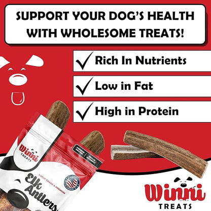 Winni Treats Elk Antlers for Dogs - Single Ingredient, Preservative-Free, Premium Shed, Grade A Split Elk Antler Dog Chew, High in Protein, Calcium for Teeth, Low in Fat, Dog Treat Antler (2 Pieces)