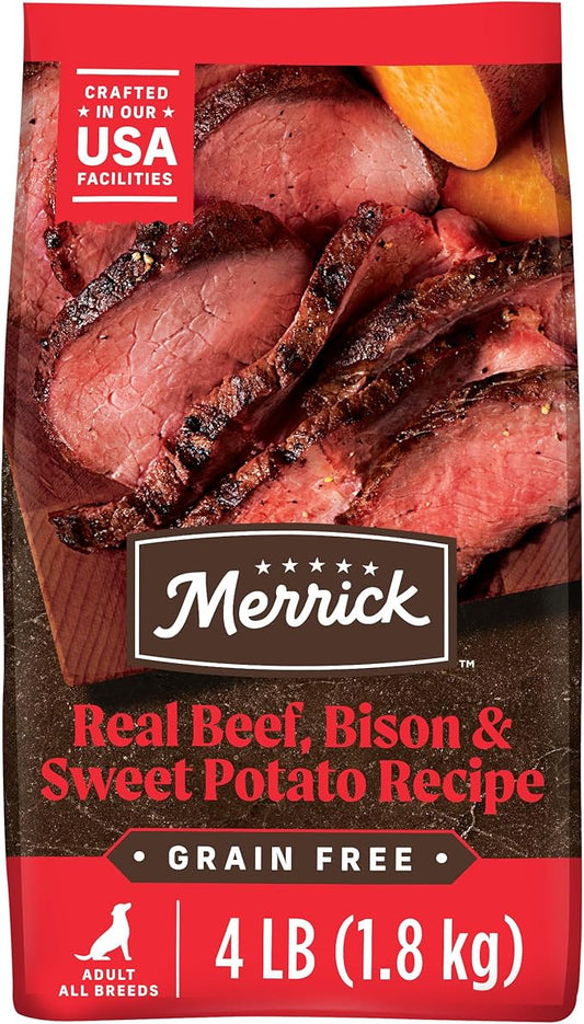 Merrick Premium Grain Free Dry Adult Dog Food, Wholesome And Natural Kibble With Beef, Bison And Sweet Potato - 4.0 lb. Bag