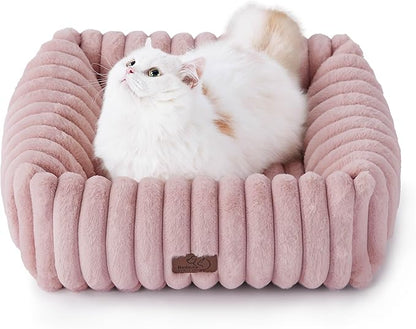 Bedsure ComfyFleece™ Cute Dog Bed for Small Dogs & Cats - Washable Furry Puppy Beds, Rectangle Orthopedic Corduroy Fleece Pet Beds with Removable Zipper Cover, 20x19x6inches, Blush Pink