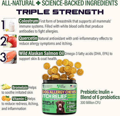 VET TREAT Dog Allergy Relief Chews - 120 Dog Allergy Chews - Itch Relief for Dogs - Anti Itch for Dogs - Dry & Itchy Skin - Allergies & Immune Support Supplement, Omega 3 Fish Oil, Probiotics - USA