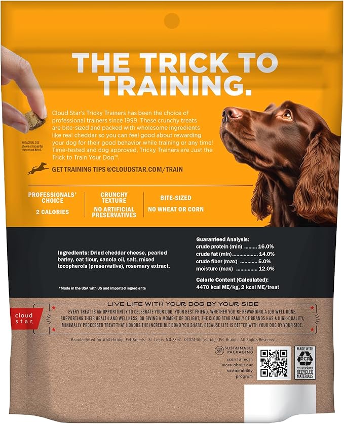 Cloud Star Tricky Trainers Crunchy Dog Training Treats 8 oz Pouch, Cheddar Flavor, Low Calorie Behavior Aid with 450 treats.