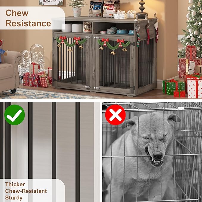 Furniture Dog Crate for Two Dogs, 41 Inch Farmhouse Style Dog Kennel with Removable Divider and Thickened Desktop, Heavy-Duty Base for Small to Medium Dogs, Grey