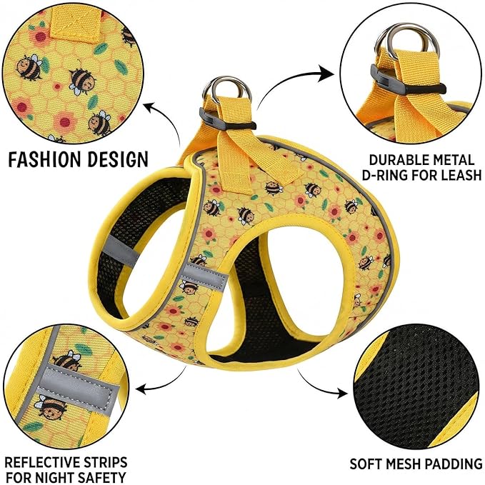Mihqy Step in Dog Harness and Leash Set, Reflective Adjustable No Pull Dog Harness for Small Medium Dogs Puppy and Cats, Soft Padded Mesh Vest Harnesses for Girl and Boy Pets(Bee,M)