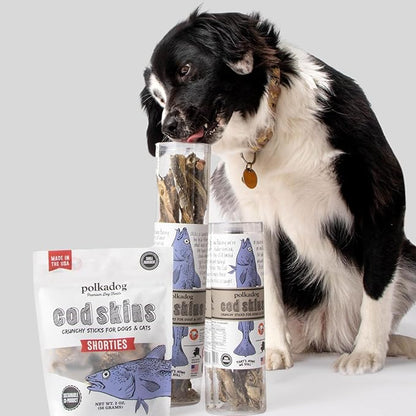 Polkadog Cod Skins for Dogs (12oz Shortie) - Single Ingredient, Wild-Caught Fish Skin Natural Dog Treat Chews. High in Lean Protein & Omega 3. Hypoallergenic, Grain Free. Handcrafted & Made in USA