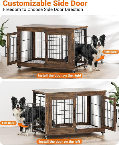 Dog Crate Furniture with Cushion, Large Wooden Dog Kennel Indoor with Double Doors, Dog Cage with Wheels, Dog House Side End Table for Large Medium Dogs up to 70 lb, 38.5” L, Rustic Brown