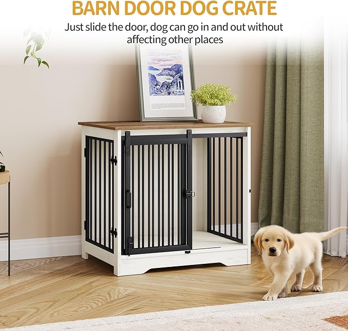 Hzuaneri 27.2" Dog Crate Furniture with Barn Door, Heavy Duty Dog Kennel Indoor with 2 Doors, Wooden Pet Cage End Table for Small Medium Dogs up to 22 lb, Anti-Chew Anti-Escape, White Brown DFC84314B