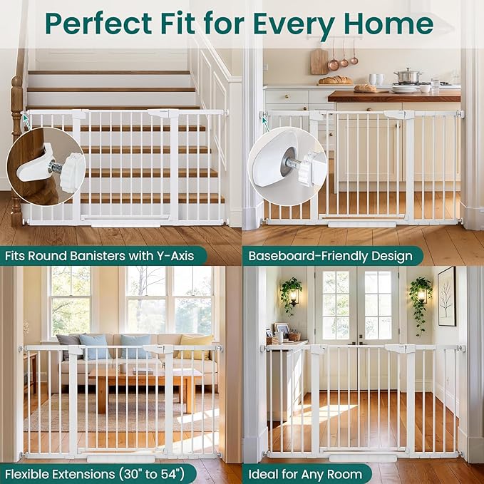 Cumbor 2 Pack 30-54" Baby Gate for Stairs, Dual Lock & Self-Closing Dog Gate for Doorways, Easy Install Pressure Mounted Pet Gates Indoor, Easy Walk Thru Wide Safety Proofing for Babies & Pets, White
