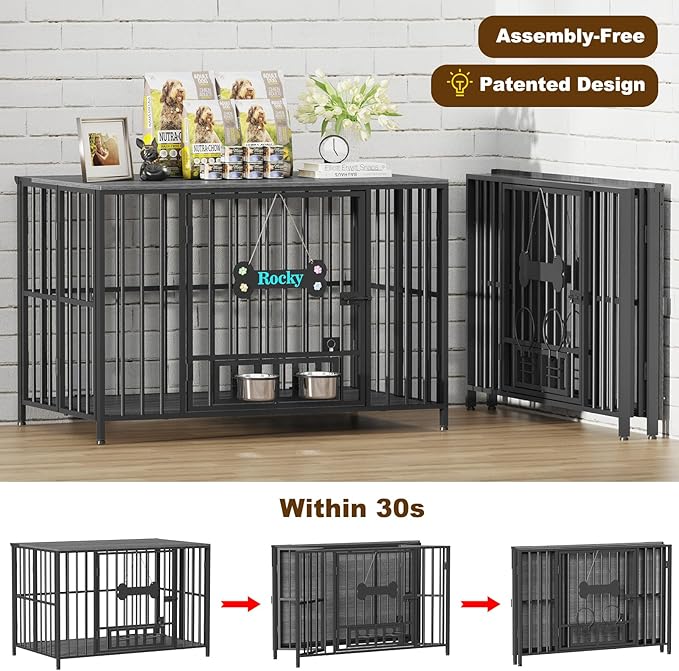 Easycom 43" Dog Crate Furniture Foldable, No Assembly Decorative Dog Kennel Indoor, XL Dog Crates for Large Dogs (60-80 lbs), Wooden Dog Cage with Adjustable Bowls and Name Tag, Dark Grey