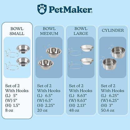 Set of 2 Stainless-Steel Dog Bowls - Cage, Kennel, and Crate Hanging Pet Bowls for Food and Water - 8oz Each and Dishwasher Safe by PETMAKER, Silver