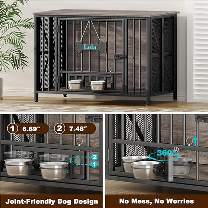 EasyCom Foldable Dog Crate Furniture, 41.3" Dog Crates for Medium/Large Dogs, Wooden Dog Kennel Indoor with Tag & Adjustable Bowls, Dog Cage Use as End Table/TV Stand, Oak Grey