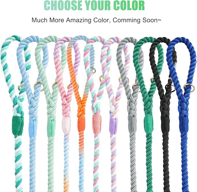 Dog Leash 5 FT Handmade Braided Cotton Rope Leashes for Small Medium and Large Dogs, New Golden Heavy Duty Metal Clasp, Light Green