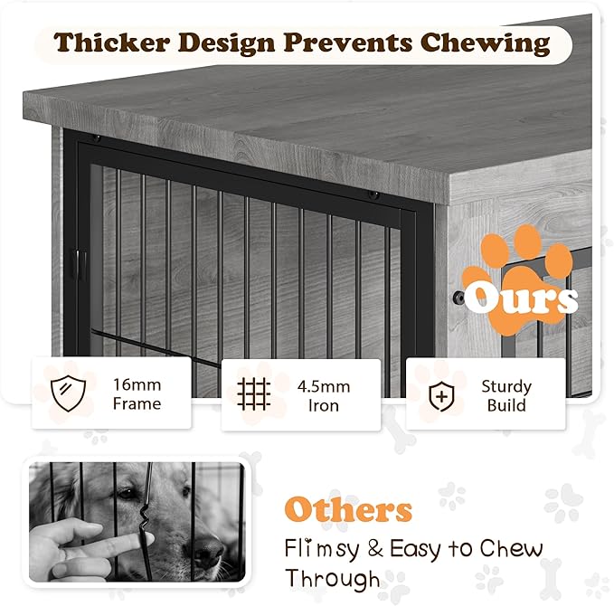 Dog Crate Furniture with Thick Cushion, Side End Table Wooden Dog Cage with Double Doors, Chew-Resistant Dog Kennel Dog House Indoor for Small to Large Dog