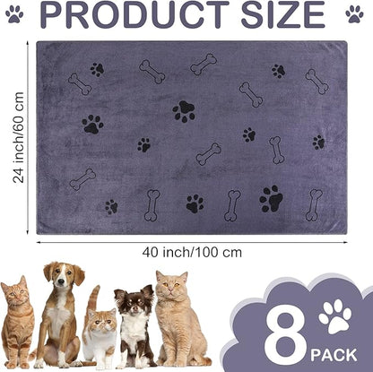 Chumia 8 Pcs Dog Towels for Drying Dogs Cats Pet Towels Bulk Puppy Microfiber Fast Drying Paw Bath Bathing Supplies Absorbent for Medium Pets(40 x 24 Inch,Dog Paw and Bone,Gray)