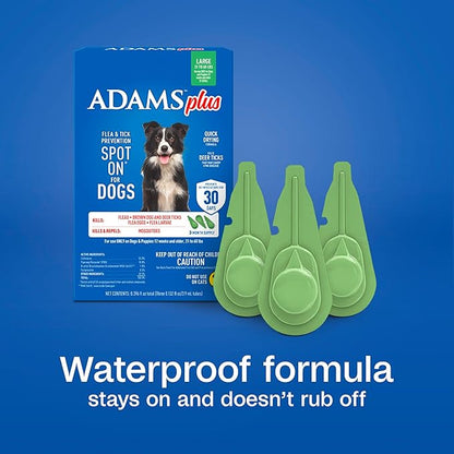 ADAMS Plus Flea & Tick Prevention Spot On for Dogs, Large Dogs, Kills Fleas & Ticks (Brown Dog/Deer Ticks), Kills and Repels Mosquitoes, Prevents Flea Infestations, 3-Month Supply, 3 Pack