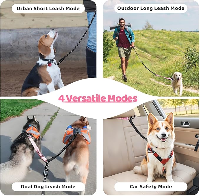 Double Dog Leash - 360°Swivel Tangle Free Splitter Attachment, 1 Rope with Handle, 2 Dogs Multi-Functional Leash, for Outdoor Walk Train Small Medium Large Two Pet, Pink