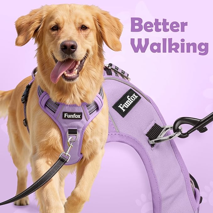 Funfox Dog Harness No Pull, Adjustable Pet Vest Harness, Super Soft Material with Vertical Handle Easy Control, Reflective Night Walking, 2 Leash Clips for XLarge Dogs, Purple, XL
