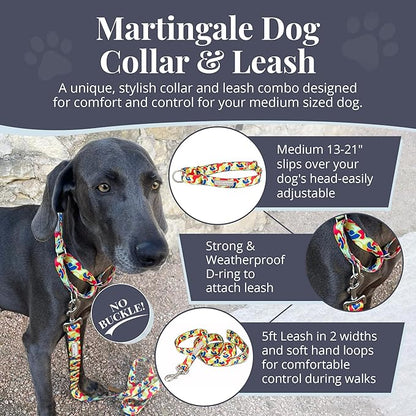 Lucky Love Dog Martingale Dog Collar & Leash - Adjustable, No-Slip, Durable, Comfortable, Soft Webbing, & Stylish Patterned Collar & Leash Set for Male and Female Dogs - Oscar Combo, Medium