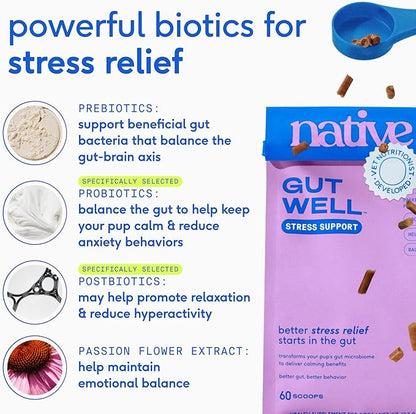 Native Pet GutWell Stress Support - Dog Anxiety Relief & Calming Supplement - Promotes Emotional Wellbeing, Regulates Stress Response & Balances Gut-Brain Axis - Triple-Biotic & Magnesium - 60 Scoops
