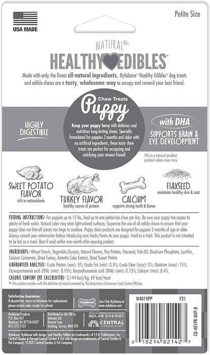 Nylabone Healthy Edibles Natural Puppy Chews Long Lasting Treats for Puppies, Turkey & Sweet Potato Flavor, X-Small/Petite (4 Count)