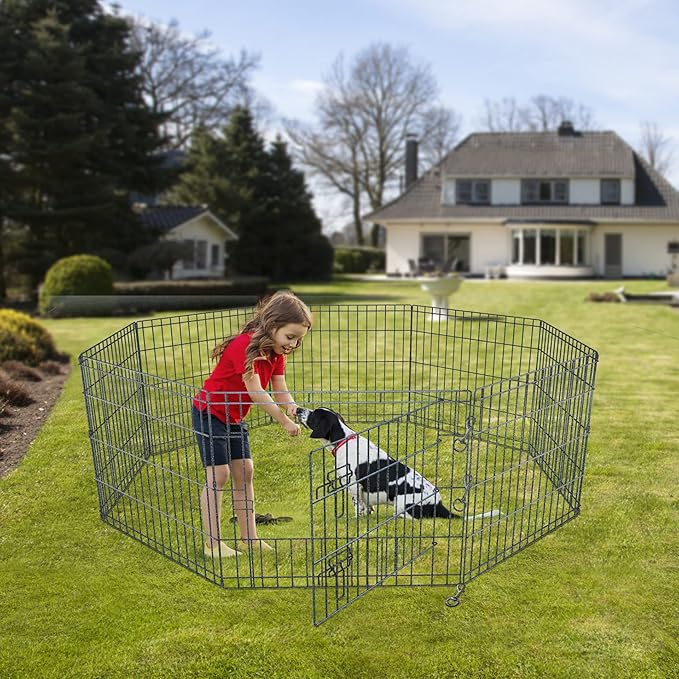 NEZUC Foldable Metal Dog Exercise Playpen Gate Fence Dog Crate 8 Panels 24 Inch Height Puppy Kennels with Top Cover/Bottom Pad for Animals Outdoor Indoor (Playpen+Top Cover, Brown, 24" H)
