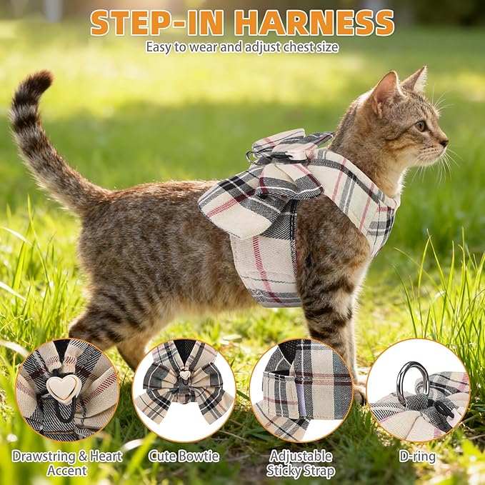 KOOLTAIL Small Dog Harness and Leash Set, Cute Puppy Vest Harnesses with Bowtie, Step in No Pull Soft Mesh Padded Adjustable Plaid Pet Harness for Extra-Samll Medium Dogs Cats, Boy Girl, XS S, Beige M