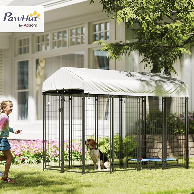 PawHut Outdoor Dog Kennel with Roof, 8' x 4' x 6' Heavy Duty Welded Wire Dog Playpen Enclosure with Escape-Proof Lock, UV-Resistant & Waterproof Cover, for Medium Dogs, Chickens, Ducks, Silver