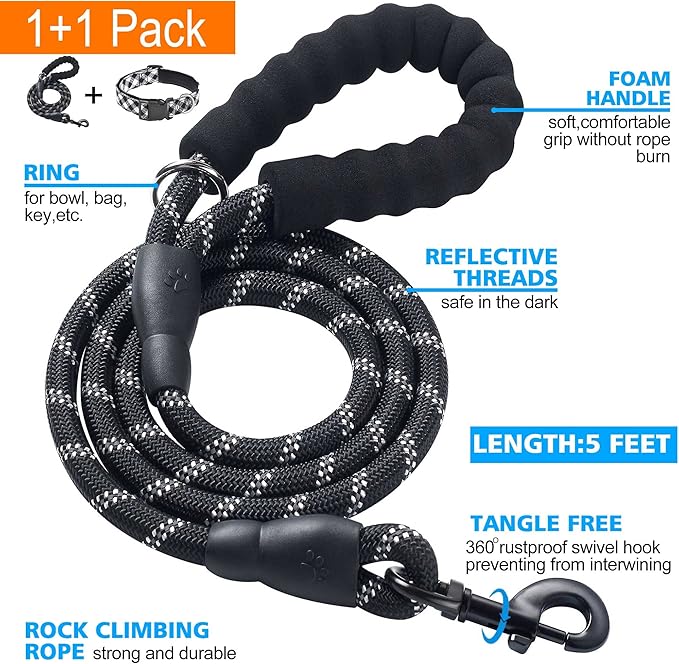 Ladoogo Reflective Dog Collar Padded with Soft Neoprene Breathable Adjustable Nylon Dog Collars for Small Medium Large Dogs (Medium (Pack of 1), Black Plaid Collar+Leash)