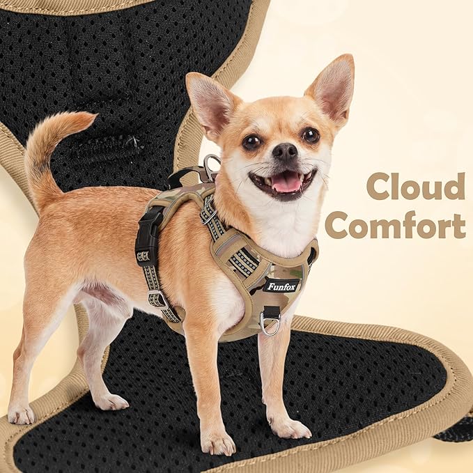 Funfox Dog Harness No Pull, Adjustable Pet Vest Harness, Super Soft Material with Vertical Handle Easy Control, Reflective Night Walking, 2 Leash Clips for Large Dogs, Camo Brown, L
