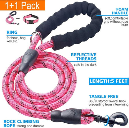 Ladoogo Reflective Dog Collar Padded with Soft Neoprene Breathable Adjustable Nylon Dog Collars for Small Medium Large Dogs (Small (Pack of 1), Pink Collar+Leash)