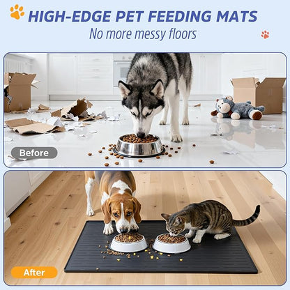 Large Dog Mats for Food and Water, 32"x24" Waterproof Pet Food Mats for Floor Nonslip Silicone Bowl Mats with Raised Edges