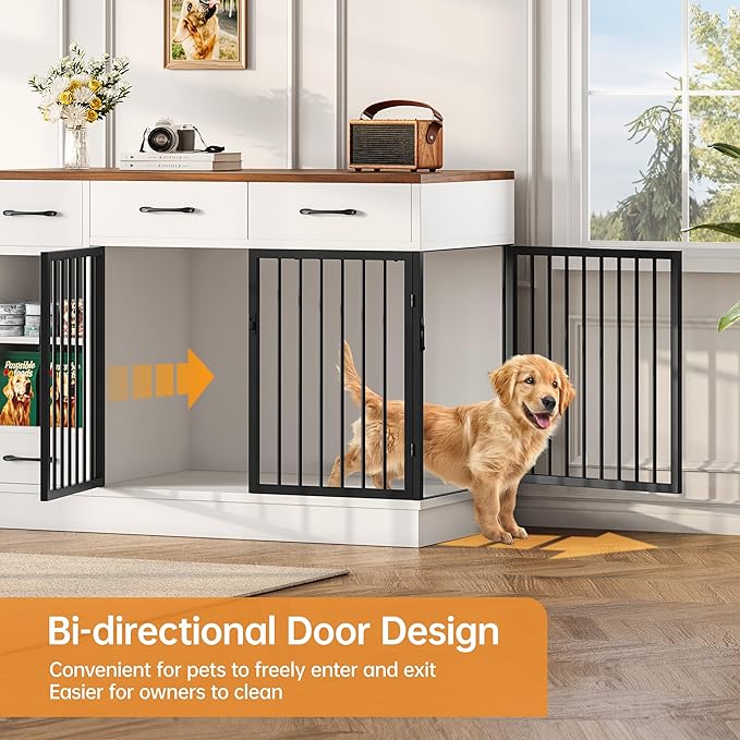 OtterOasis Large Dog Crate Furniture, 47.2'' Dog Kennel Indoor with 3 Storage Drawers and Hidden Feeding Bowl, Sturdy Wooden Dog Crate with 2 Doors and Adjustable Shelf for Small, Medium Dogs
