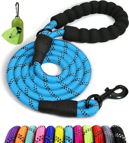 Taglory Rope Dog Leash 5 FT with Comfortable Padded Handle, Highly Reflective Threads Leash and Anti-Tangle Clip for Walking Small Dogs, 3/8 inch, Blue