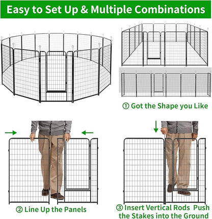 Kfvigoho Dog Playpen Outdoor Extra Wide 16 Piece Panels Heavy Duty Dog Fence 50" Height Anti-Rust with Doors Portable for RV Camping Yard, Total 42FT, 140 Sq.ft, Snowy Black