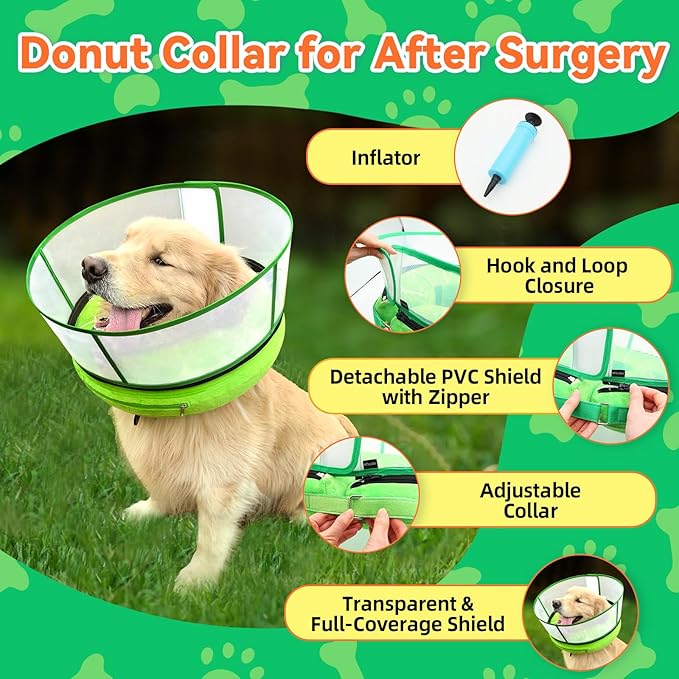 Upgraded Inflatable Dog Cone Collar with Transparent Anti-Licking Shield, Adjustable Elizabethan Collar for Medium Large Dogs, 2-in-1 Design with Detachable Shield and Soft Padding (XL, Lime)