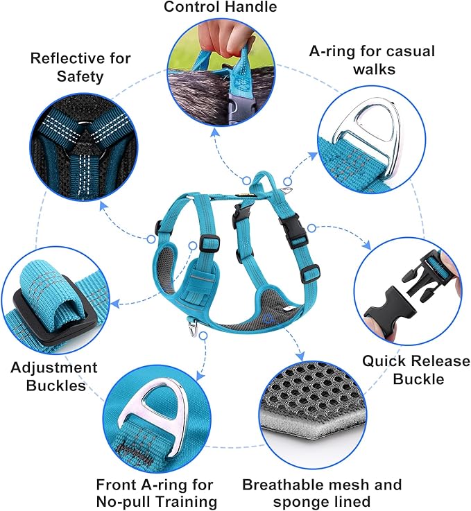 Plutus Pet No Pull Dog Harness, Reflective Adjustable Dog Vest Harness with Handle, Escape Proof, Soft Padded for Small Medium Large Dogs (Light Blue, XL)