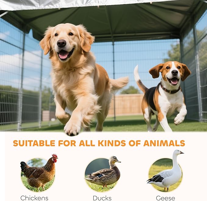 PawHut 4' x 4' x 4.5' Outdoor Dog Kennel, Welded Wire Dog Kennel Outside Run with 360° Rotating & 4 Level Adjustable Bowls, Waterproof & UV Resistant Cover, for S&M Breeds, Chickens, Ducks, Silver