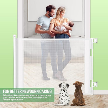 Retractable Baby Gate, Extra Wide Safety Kids or Pets Gate, 33” Tall, Extends to 71” Wide, Mesh Safety Dog Gate for Stairs, Indoor, Outdoor, Doorways, Hallways