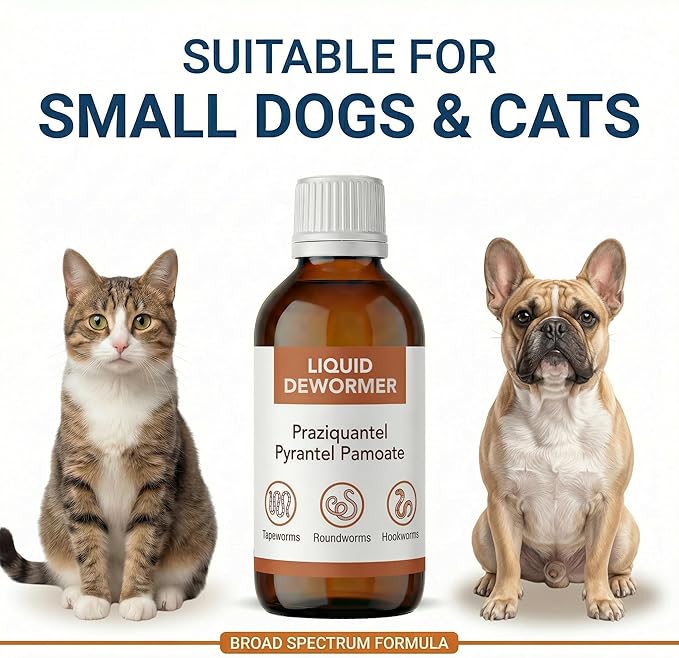 Liquid DeWormer for Cats and Dogs, Praziquantel & Pyrantel Pamoate, Targets Tapeworm, Roundworm & Hookworm, Dewormer for Puppies(6-25 lbs) & Kittens, Broad Spectrum - 100mL