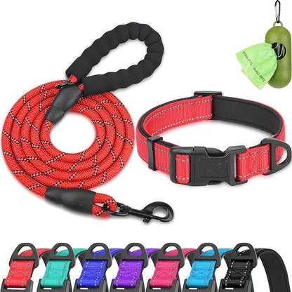Dynmeow Reflective Dog Collar and Leash Set, 6FT Strong Climbing Rope Leash with Padded Handle, Adjustable Pet Collar with Soft Neoprene Padding for Medium Large Dogs, Red, M