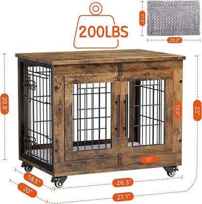 Lulive Small Dog Crate Furniture Set of 2, Dog Kennel Indoor Double Doors Wooden Dog Cage, 27' Heavy Duty Dog Crate with Cushion & Wheels, End Table Pet House Chew-Resistant Up to 30 lb, Rustic Brown