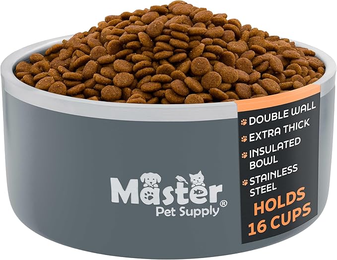 Master Pet Supply Stainless Steel Dog Bowls - 128 oz, Heavy Duty - Graphite, Double Wall Extra-Thick Insulated, Non-Slip Pet Water Bowl for Dogs, Cats & Pets, Anti Rust Metal, Dish Washer Safe