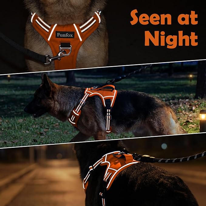 Funfox Dog Harness No Pull, Adjustable Pet Vest Harness, Super Soft Material with Vertical Handle Easy Control, Reflective Night Walking, 2 Leash Clips for Large Dogs, Orange, L