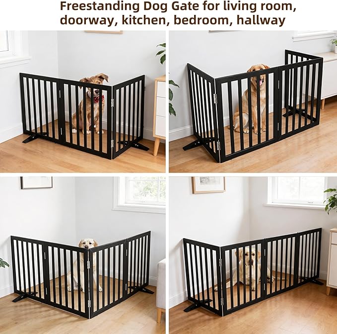 ZJSF Freestanding Indoor Dog Gate for House Foldable Wood Puppy Gate for Doorways Pet Gate for Stairs Extra Wide Pet Fence, Black, 32" Height 3 Panels