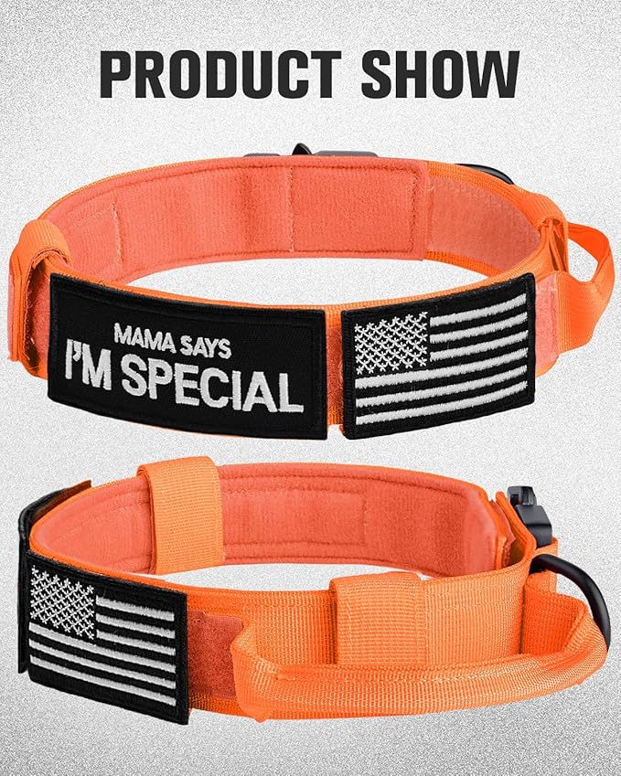 Joytale Tactical Dog Collar with Handle and Metal Buckle, Heavy Duty Padded Military Collar with 2 Patches for Training, Adjustable for Medium Dogs, Orange, M