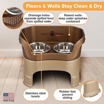 Neater Feeder Deluxe Mess-Proof Elevated Dog Bowls for Large Dogs (40+ lbs), 2 Height Adjustable (14.5” & 17.5”) No-Spill Raised Dog Bowl Stand, Stainless Steel Food Bowl Set, Made in USA, Bronze