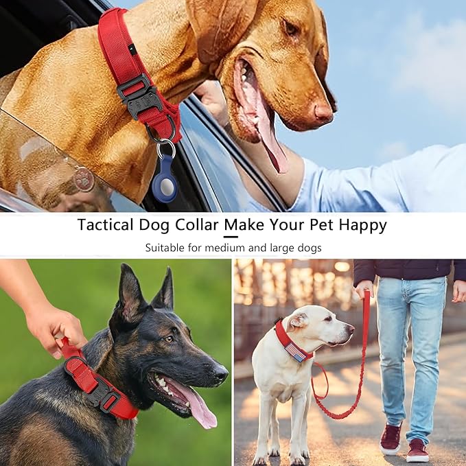 DAGANXI Tactical Dog Collar, Adjustable Military Training Nylon Dog Collar with Control Handle and Heavy Metal Buckle for Medium and Large Dogs, with Patches and Airtags Case (Red-Set, L)